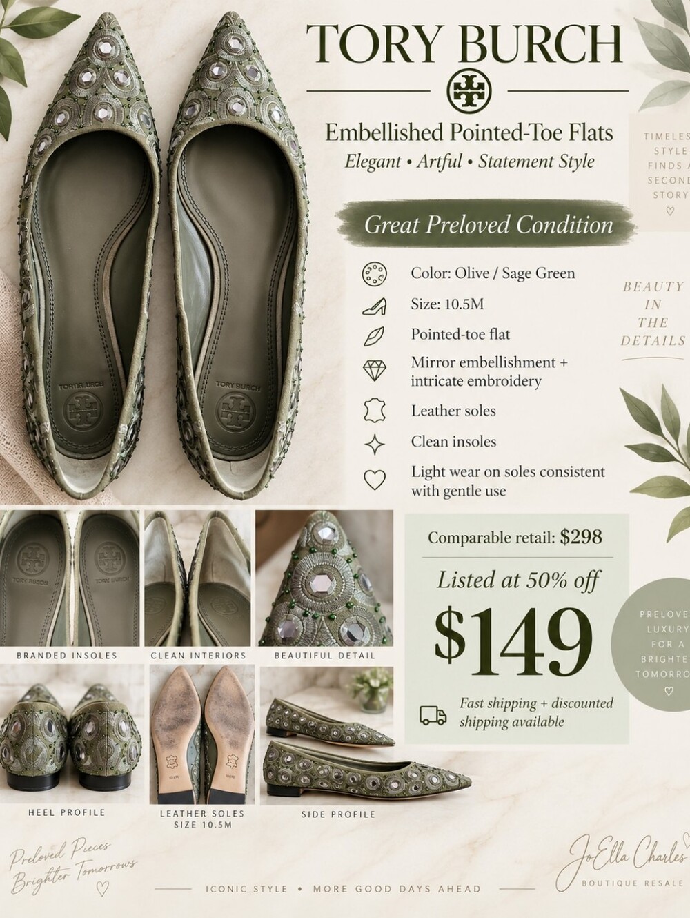 Tory Burch Olive Green Embellished Pointed-Toe Flats